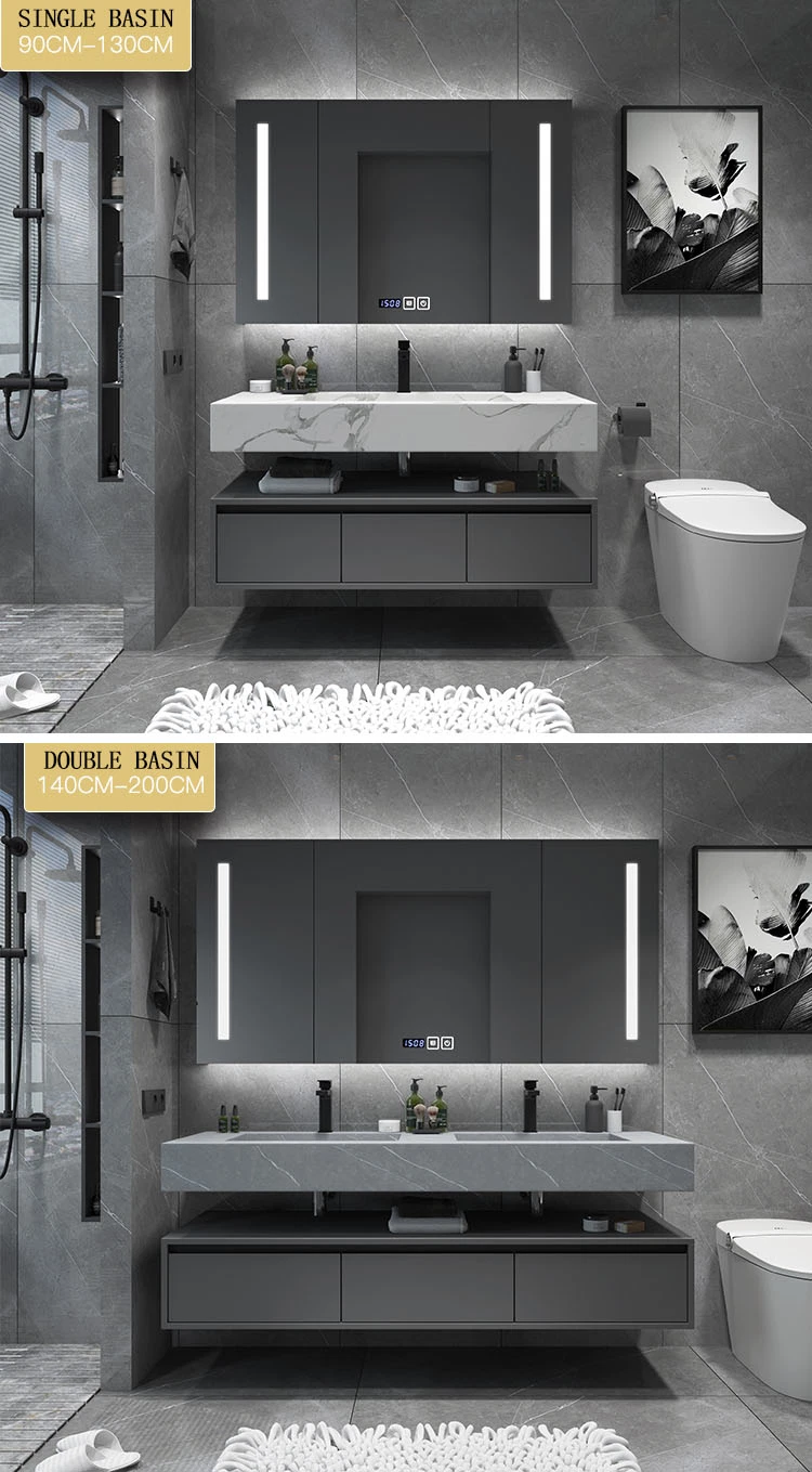 Marble Bathroom Vanity Wash Basin Cabinets Bathroom Wall Vanity with Smart LED Mirror